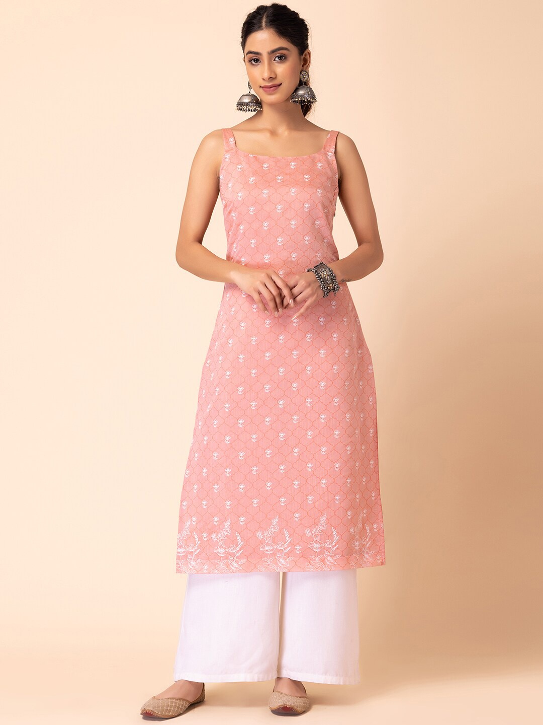 

INDYA Ethnic Motifs Printed Chanderi Silk Kurta, Pink