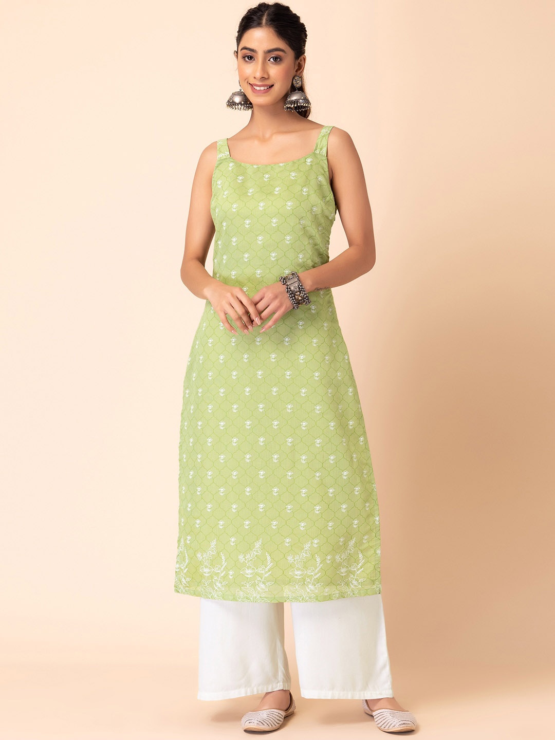 

INDYA Floral Printed Square Neck Chanderi Silk Kurta, Green