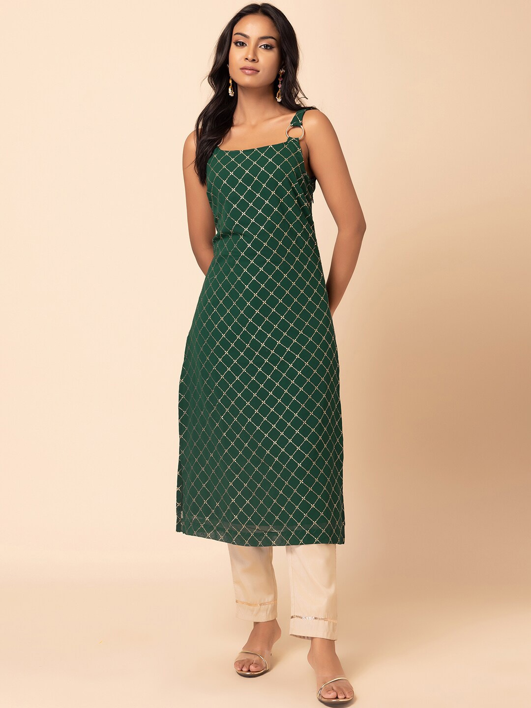 

INDYA Foil Printed Strappy Straight Kurta, Green