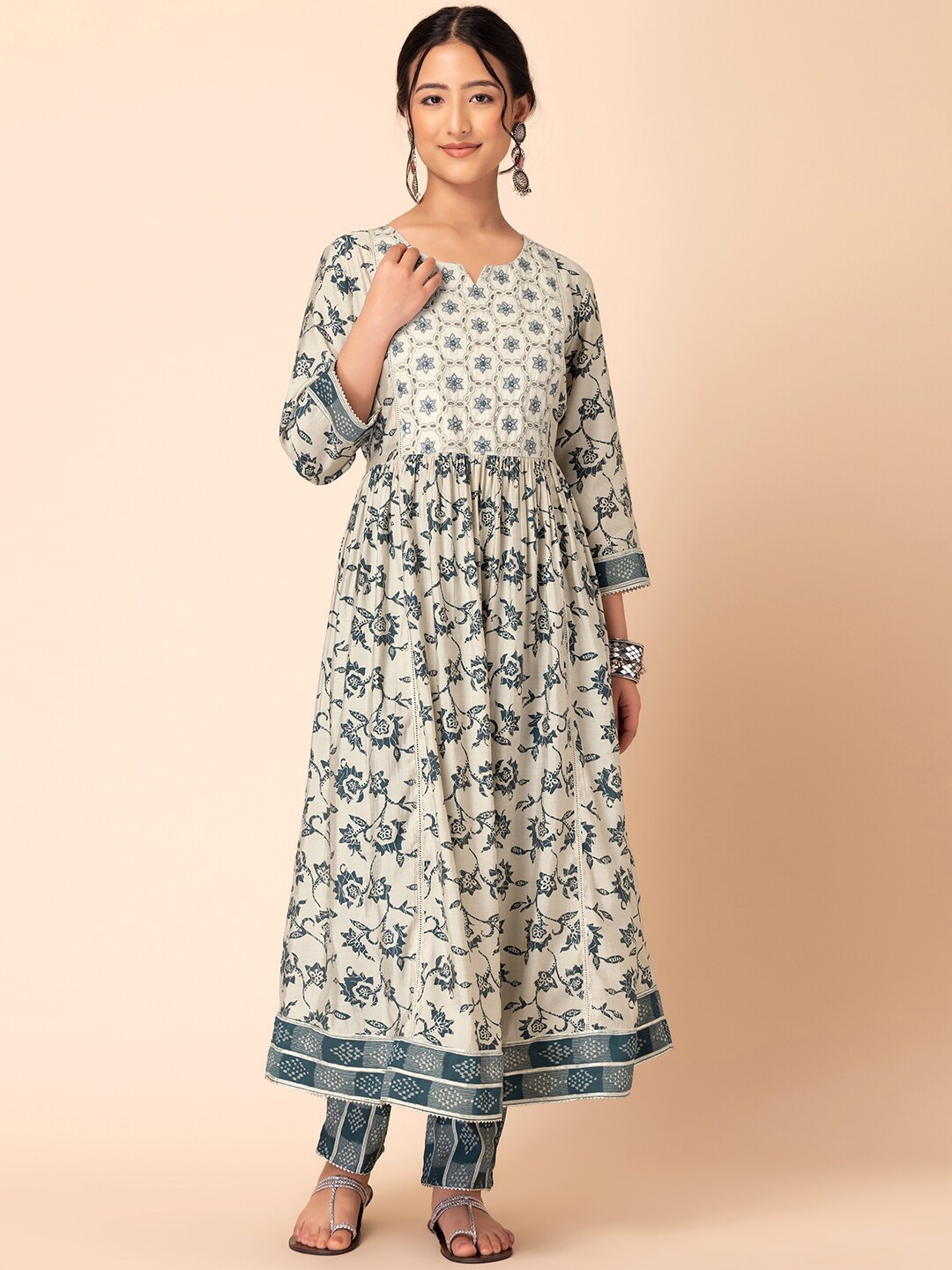 

INDYA Ethnic Motifs Printed Anarkali Kurta With Trousers, Grey