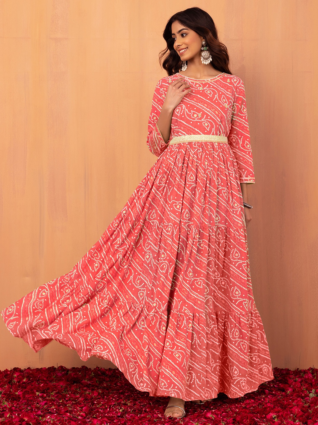 

INDYA Bandhani Printed Cotton Ethnic Dress With Belt, Fluorescent green