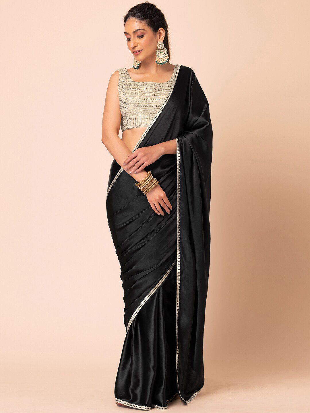 

INDYA Embellished Satin Saree, Black