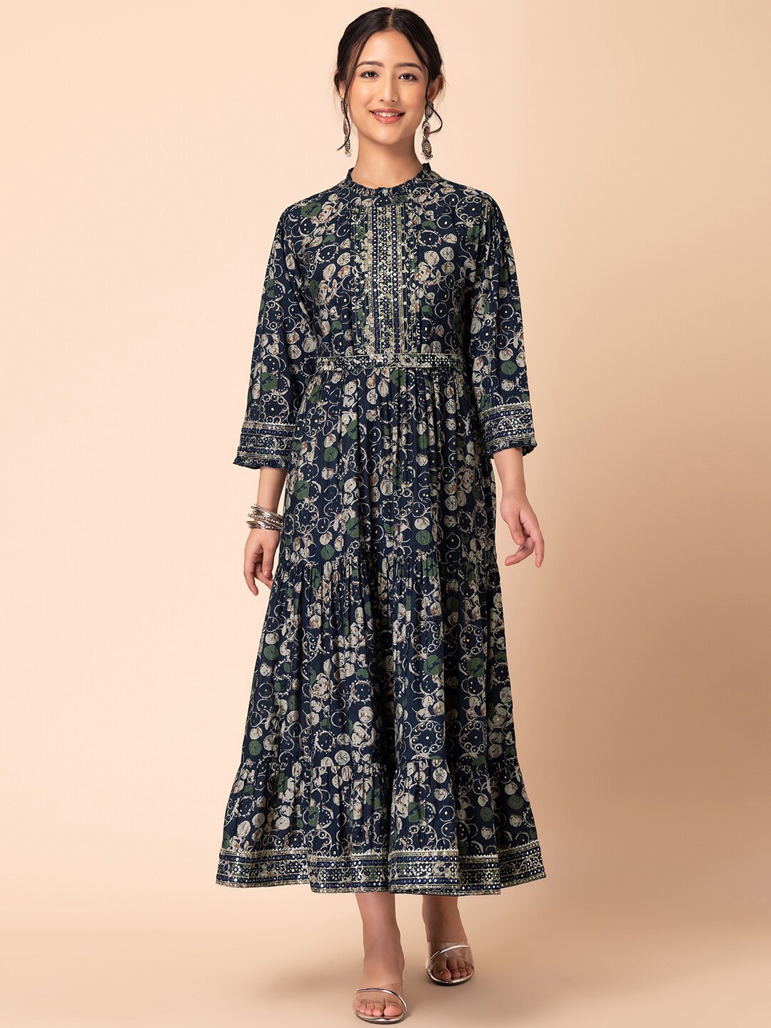 

INDYA Ethnic Motifs Printed Embellished Fit & Flared Ethnic Dress, Navy blue