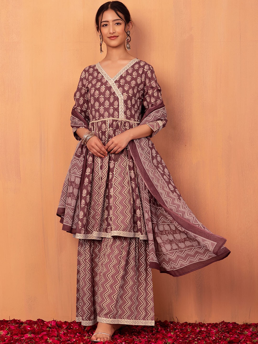 

INDYA Ethnic Motifs Printed Gotta Patti Detail Anarkali Kurta With Palazzos & Dupatta, Mauve