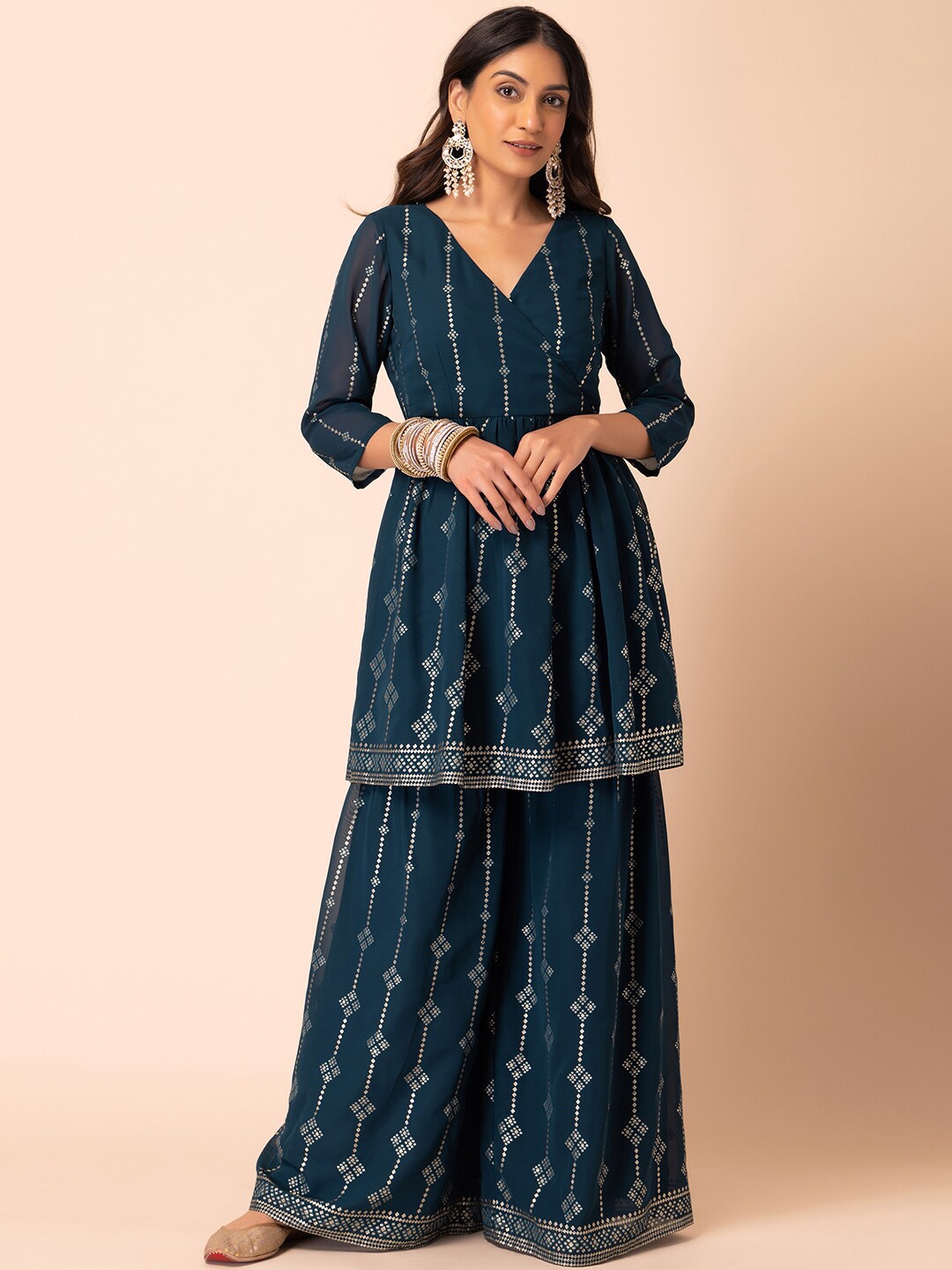 

INDYA Geometric Printed Anarkali Kurta With Palazzo, Blue