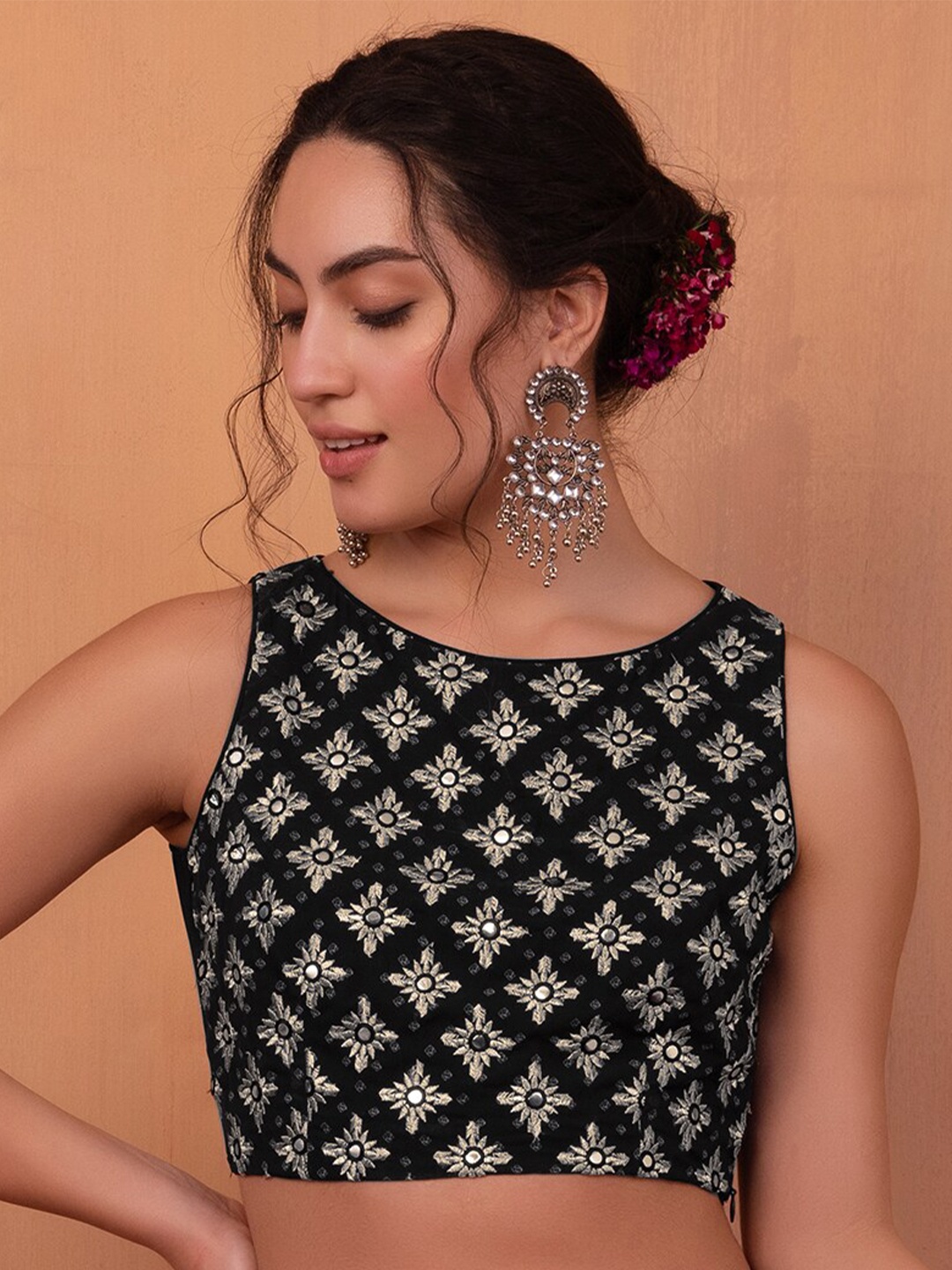 

Rang by Indya Embroidered Mirror Work Crop Top, Black