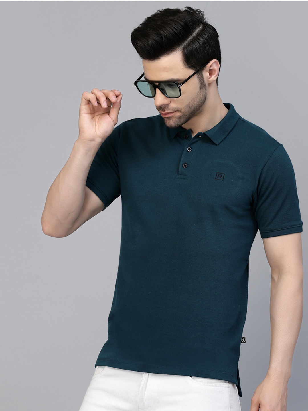 

Rigo Men Solid Slim Fit Cotton Polo Collar T-shirt, Teal