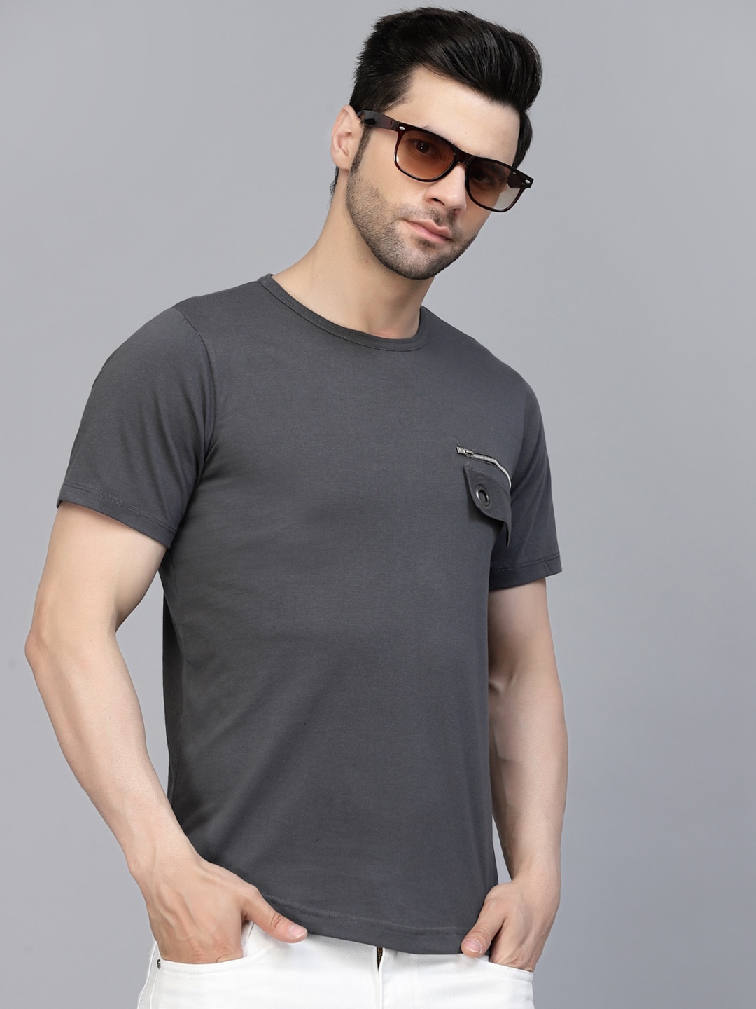 

Rigo Solid Pocket Detail Cotton Jersey Slim Fit T-shirt, Grey