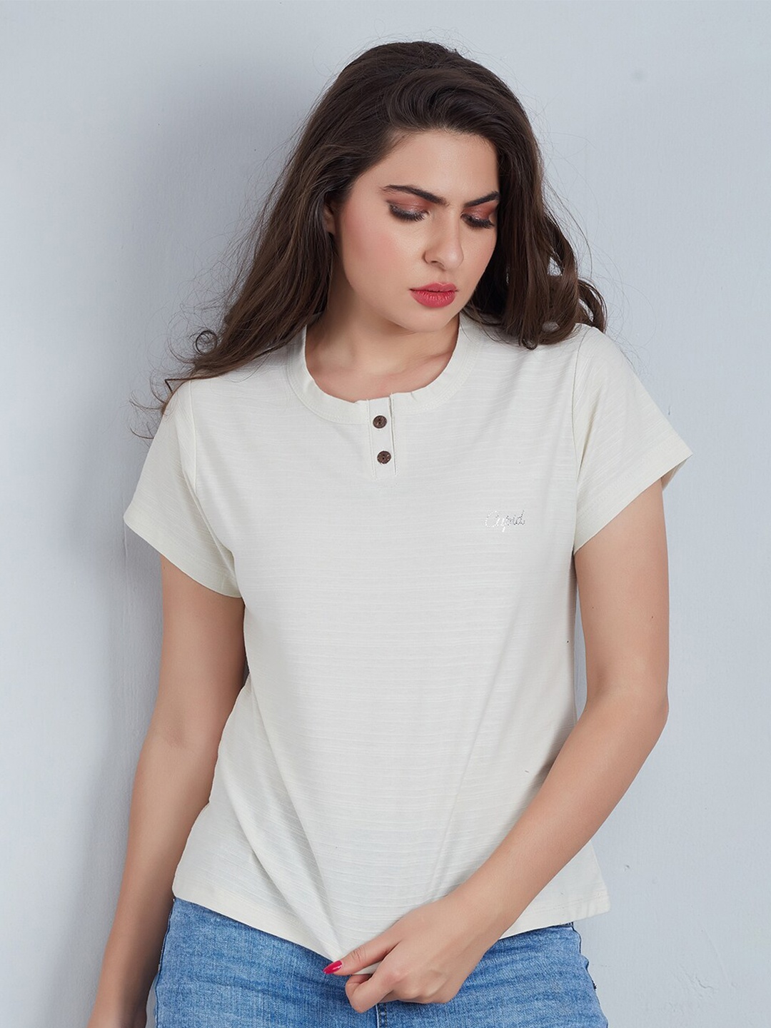 

CUPID Henley Neck Knitted Cotton Tshirt, Off white