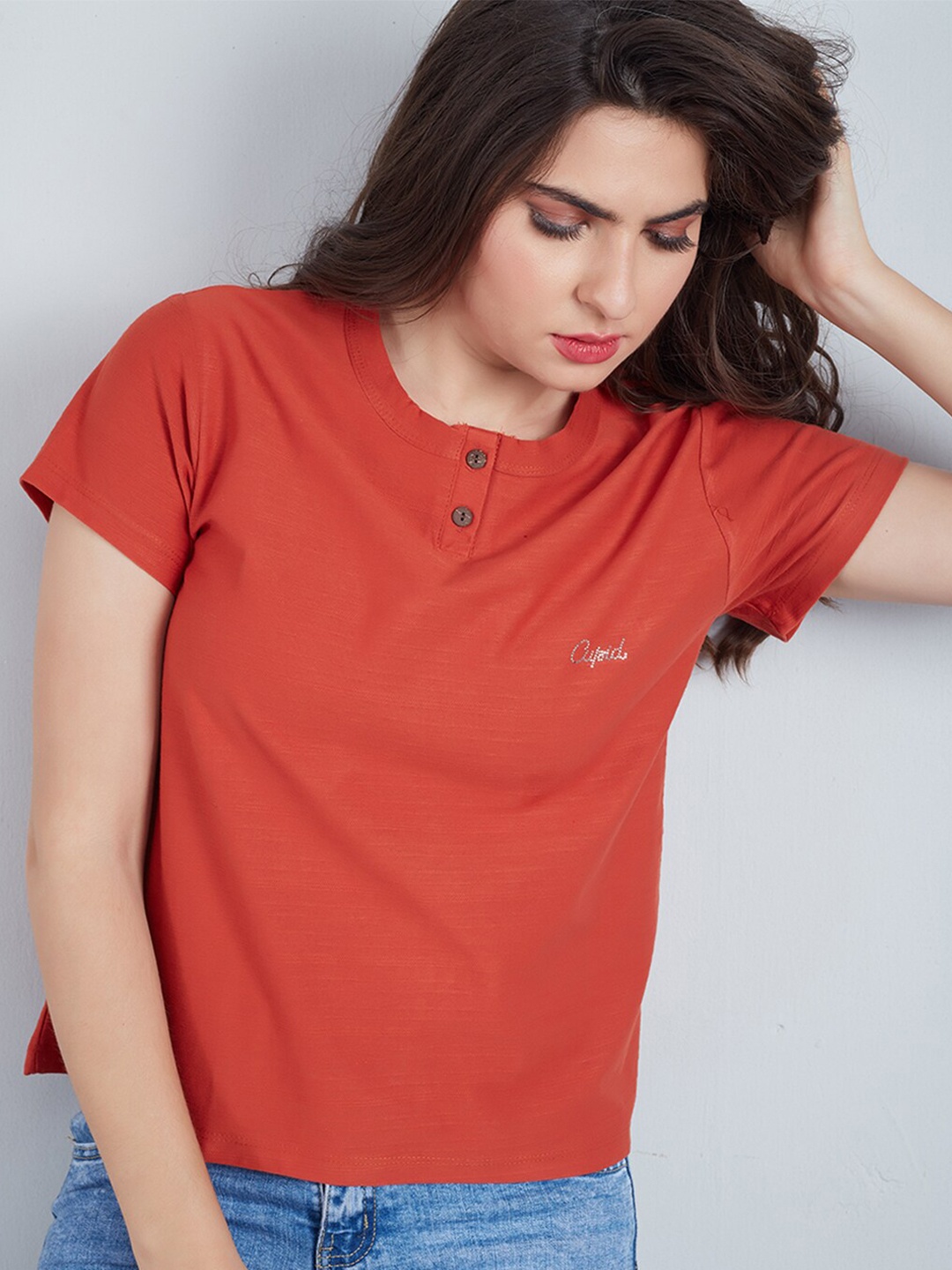 

CUPID Henley Neck Cotton Top, Rust