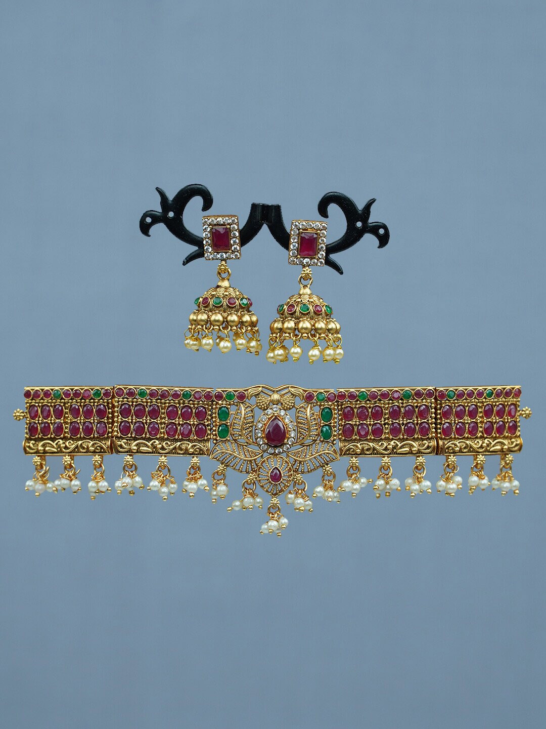 

Diksha collection Gold-Plated Stone Studded Jewellery Set, Magenta