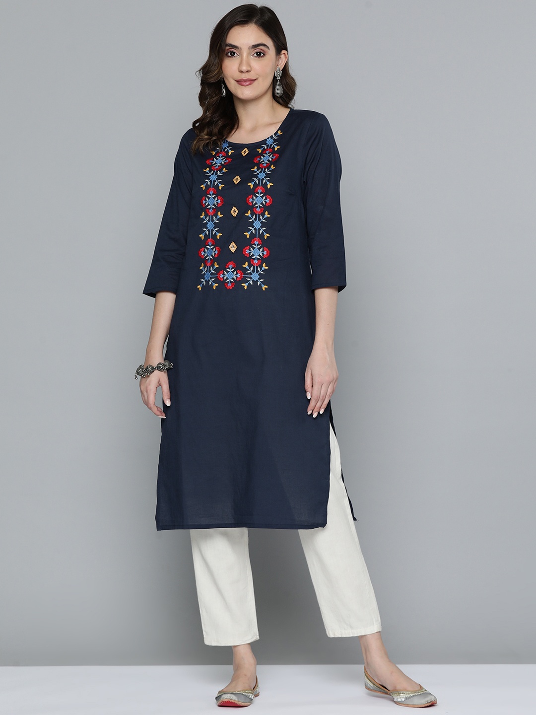 

HERE&NOW Ethnic Motifs Embroidered Kurta, Navy blue