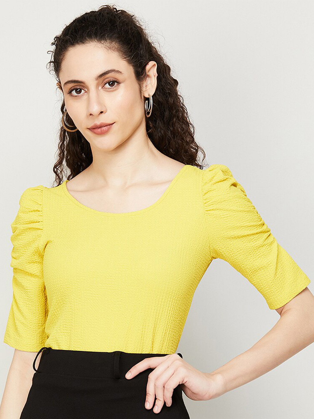 

CODE by Lifestyle Round Neck Puff Sleeve Regular Top, Mustard
