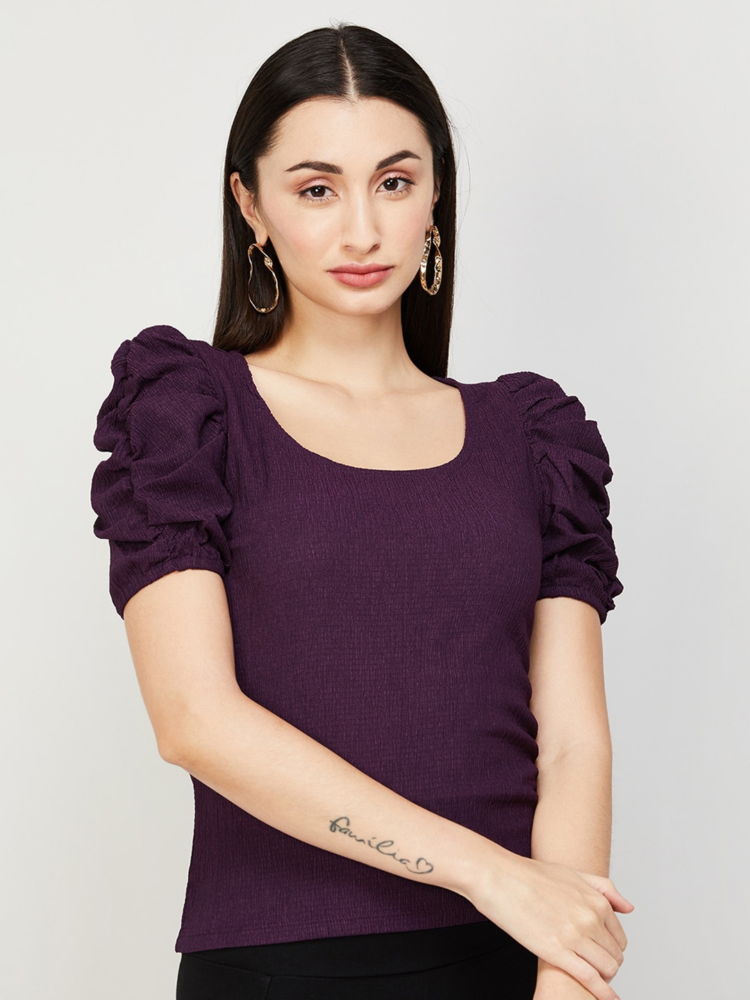 

CODE by Lifestyle Scoop Neck Puff Sleeve Regular Top, Purple