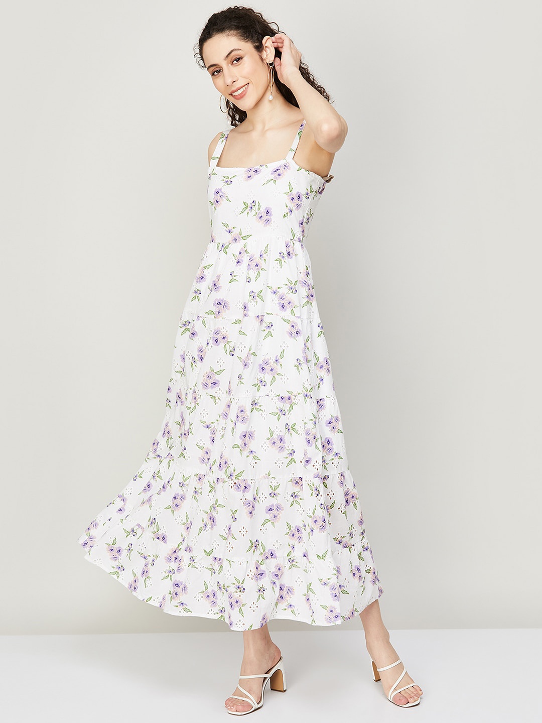 

CODE by Lifestyle Sleeveless Floral Printed Tiered Maxi Dress, White