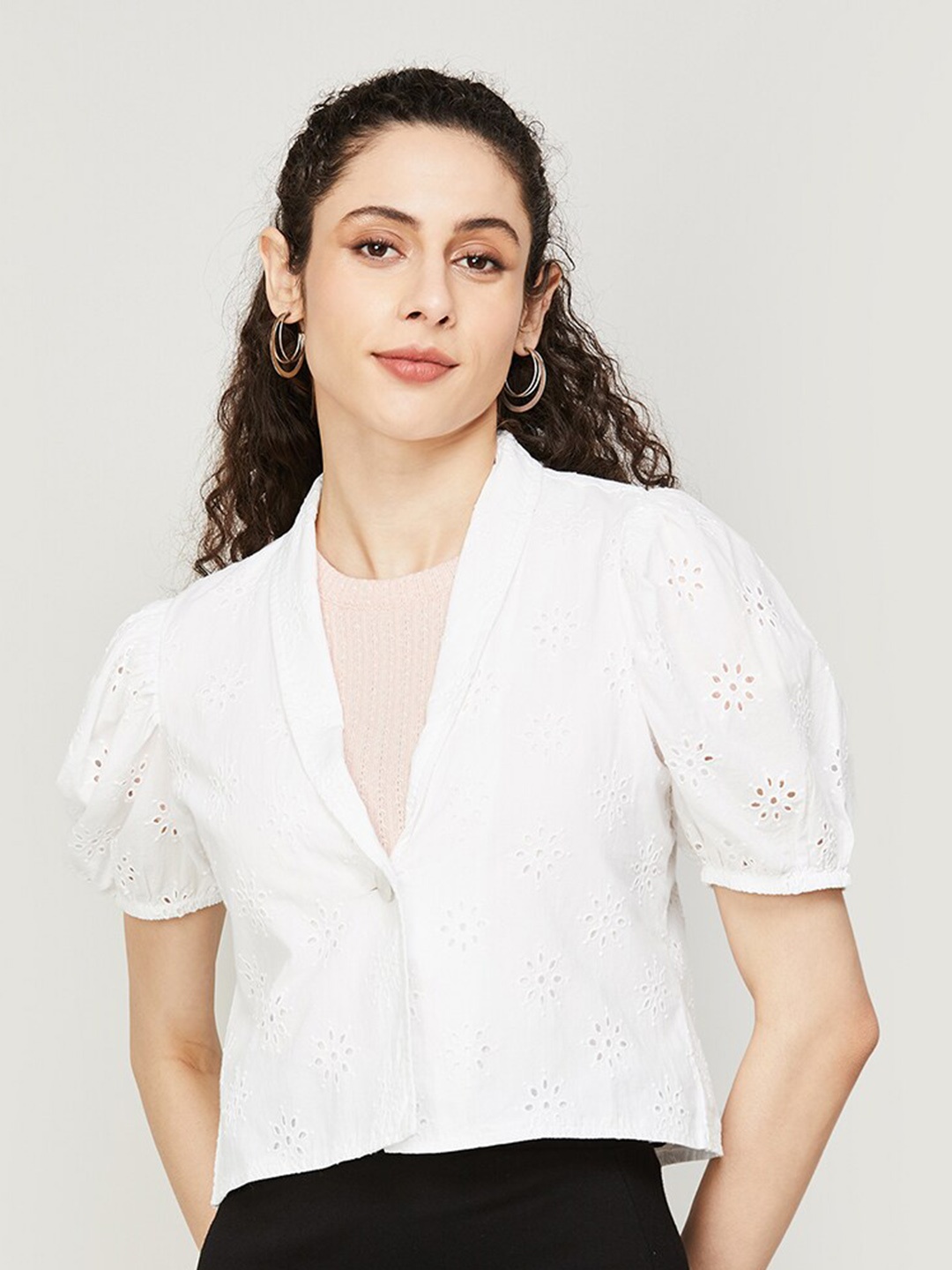 

CODE by Lifestyle Schiffli Short Sleeves Button Shrug, White
