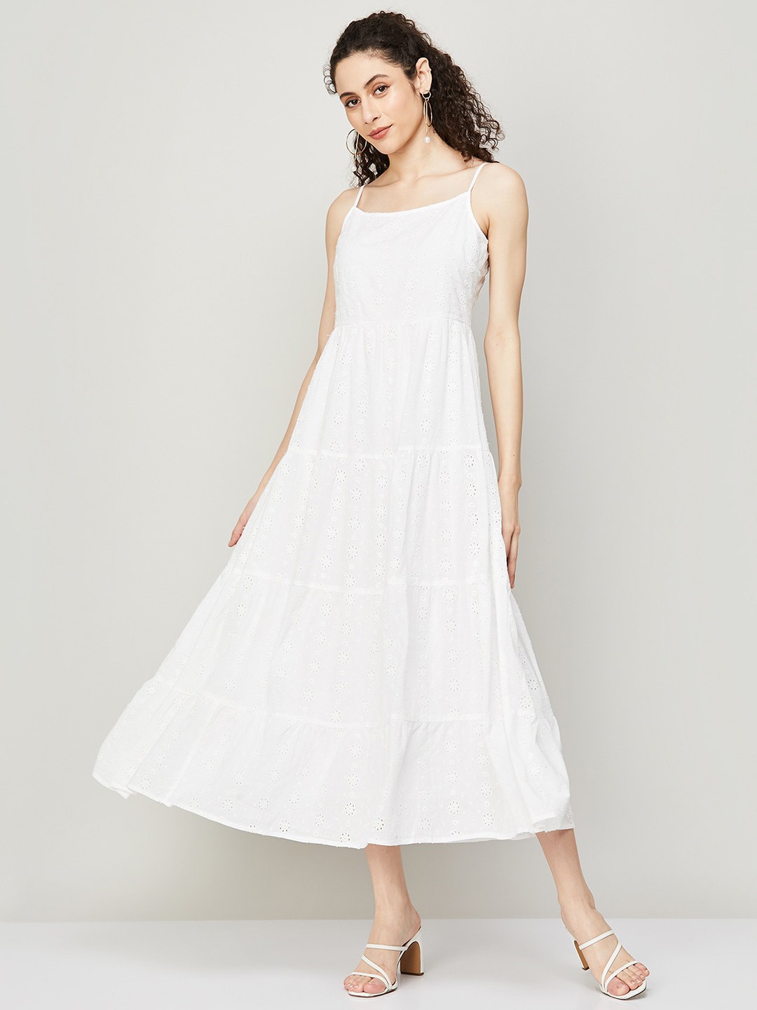 

CODE by Lifestyle Shoulder Straps Schiffli A-Line Midi Dress, White