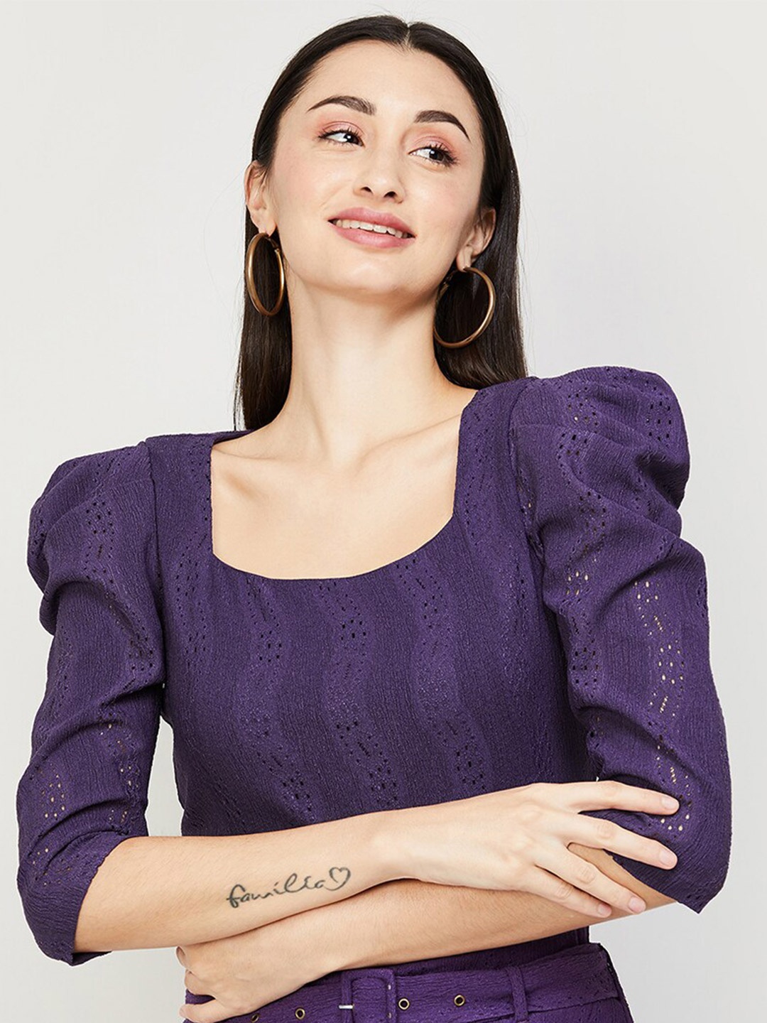 

CODE by Lifestyle Schiffli Square Neck Puff Sleeve Regular Top, Purple