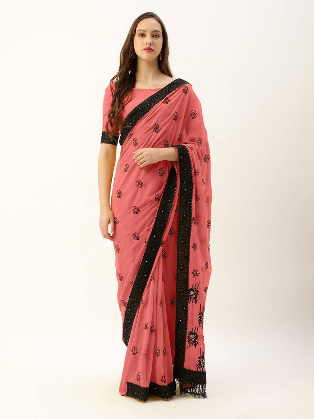 

VEERAX Ethnic Motifs Embroidered Pure Georgette Saree, Pink
