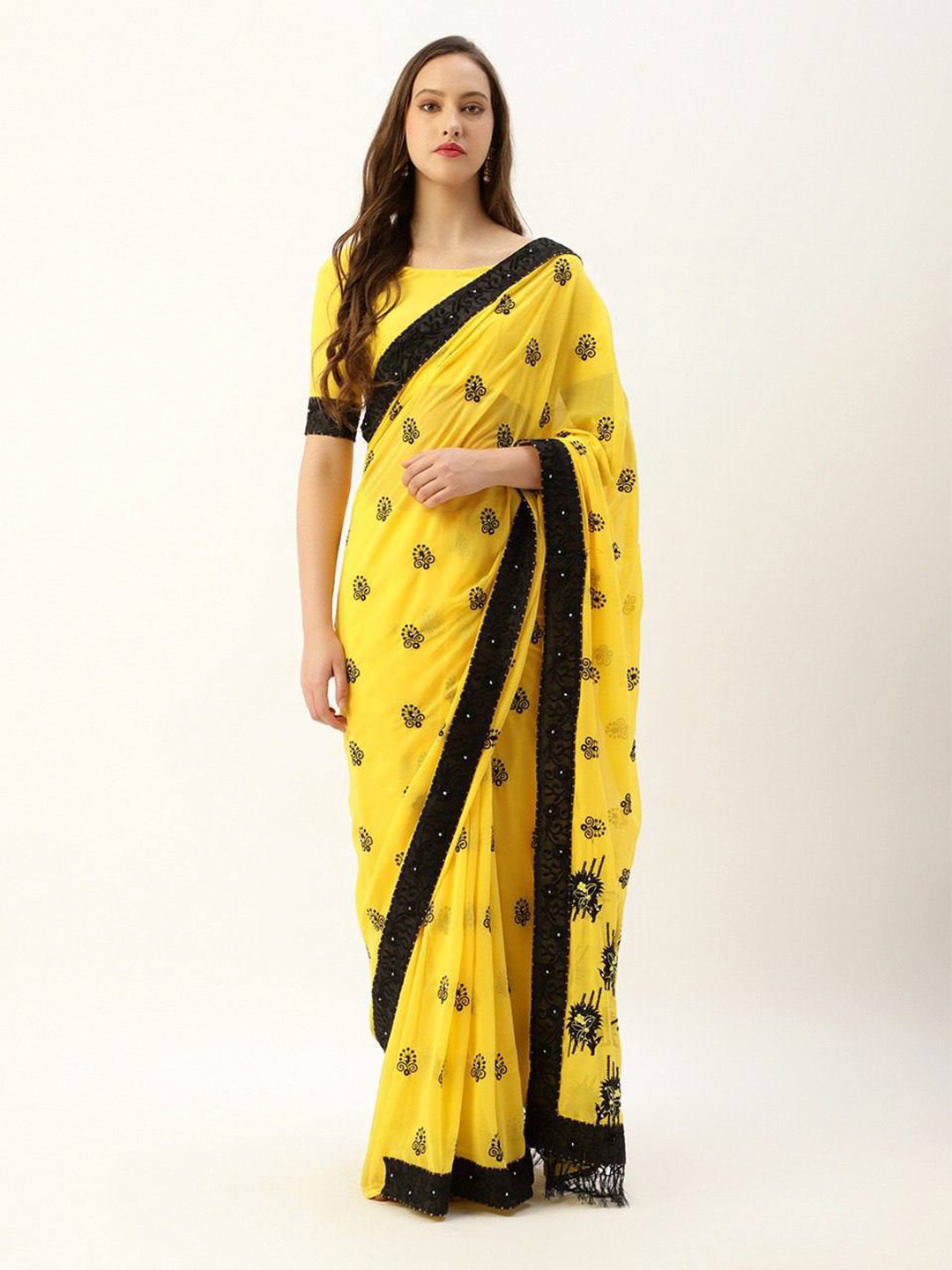 

VEERAX Ethnic Motifs Embroidered Pure Georgette Saree, Yellow