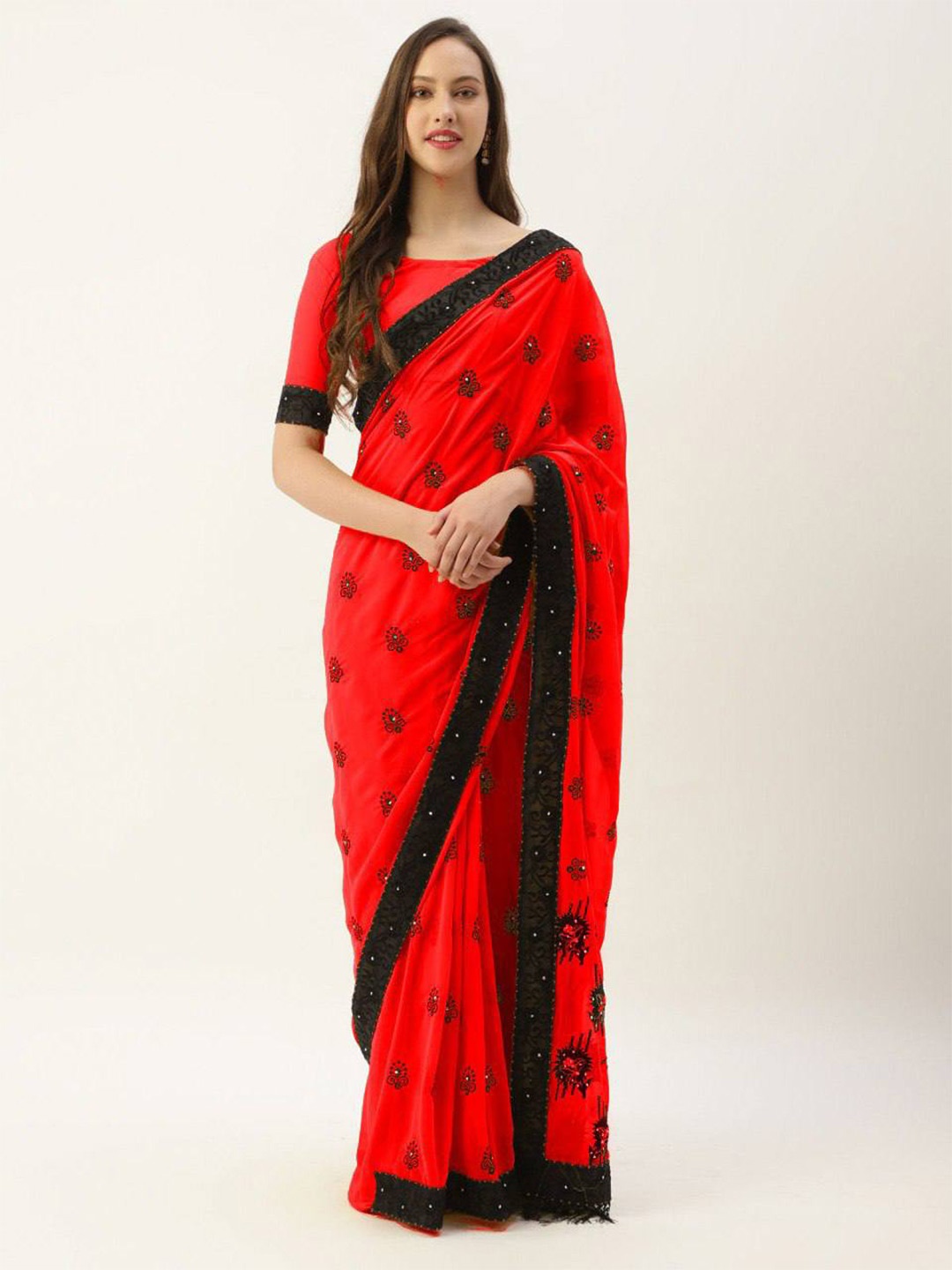 

VEERAX Ethnic Motifs Embroidered Pure Georgette Saree, Red