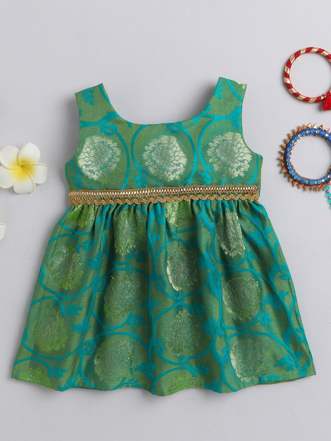 

MANY FROCKS & Girls Ethnic Motifs Woven Design Satin Fit & Flare Dress, Green