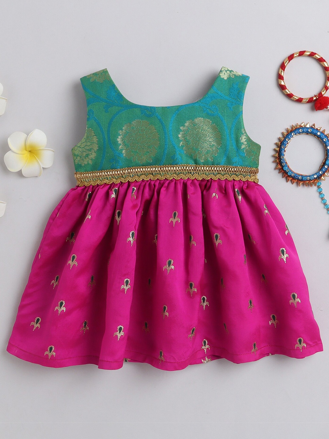 

MANY FROCKS & Girls Floral Woven Design Fit & Flare Dress, Pink