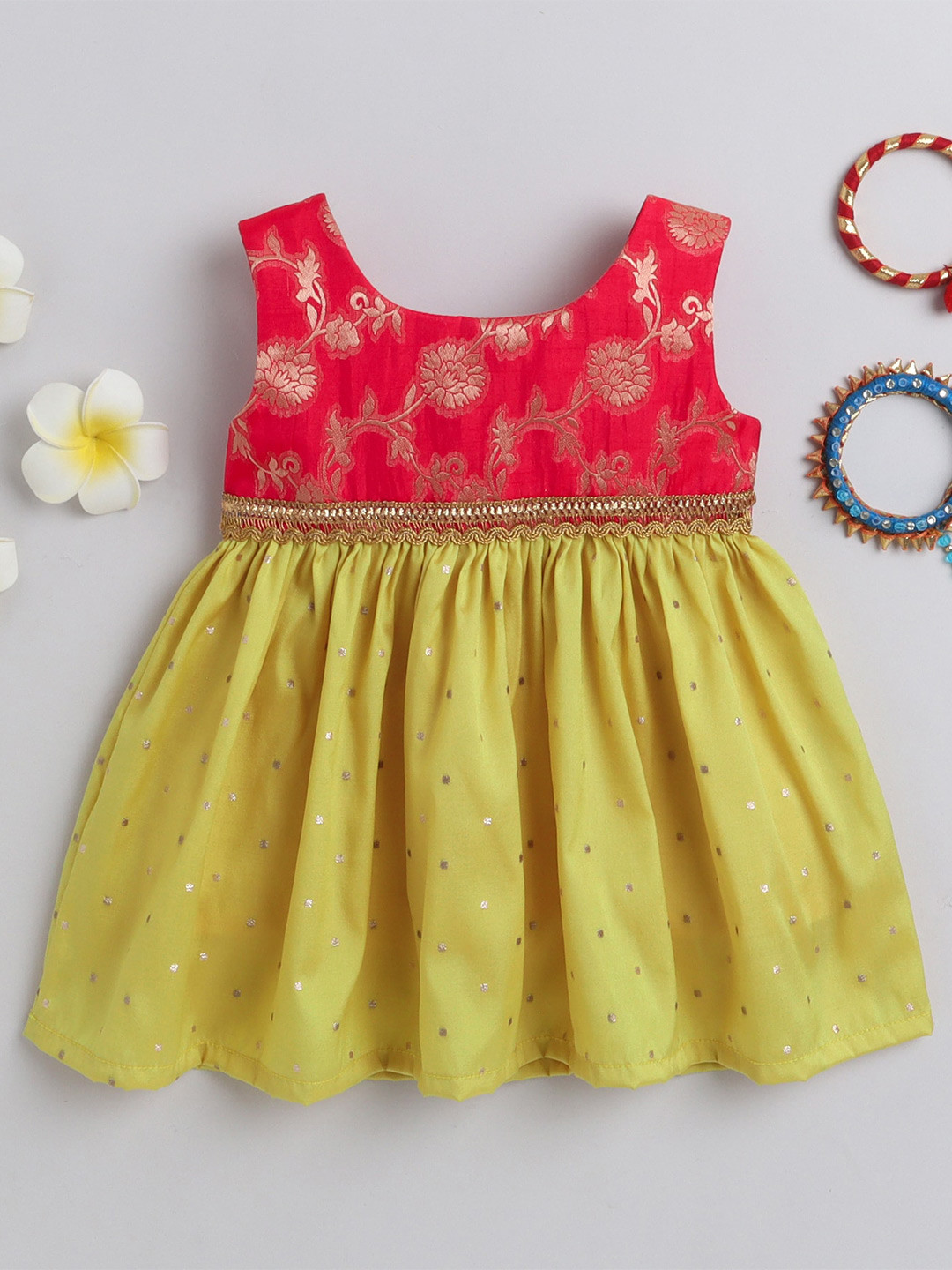 

MANY FROCKS & Girls Floral Woven Design Satin Fit & Flare Dress, Yellow