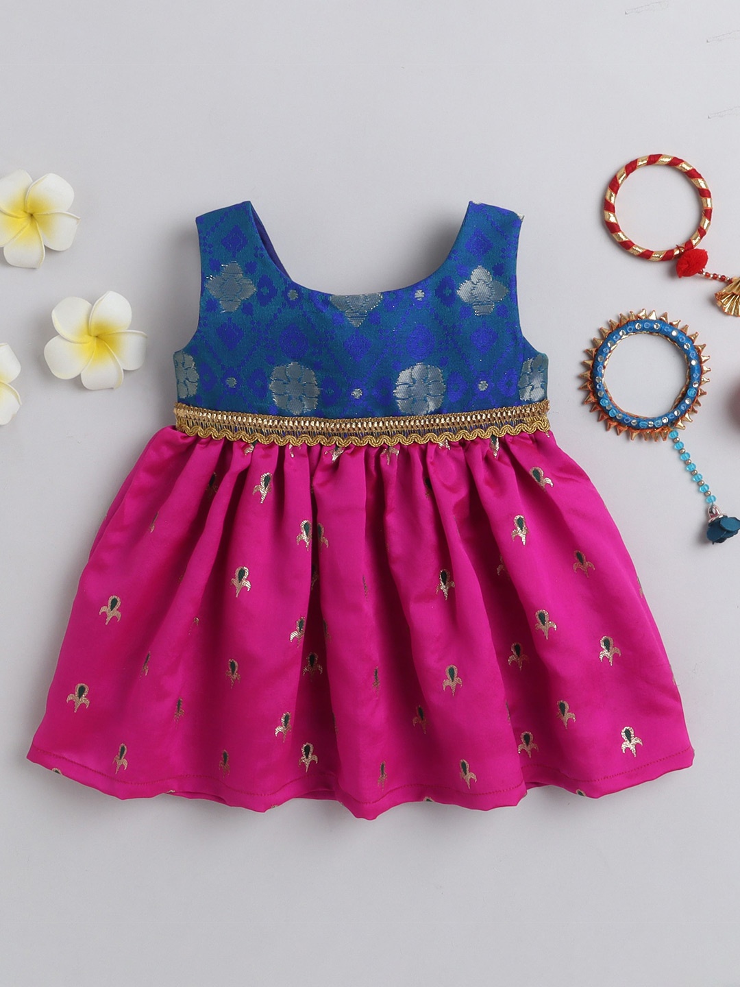 

MANY FROCKS & Girls Floral Woven Design Satin Fit & Flare Dress, Pink