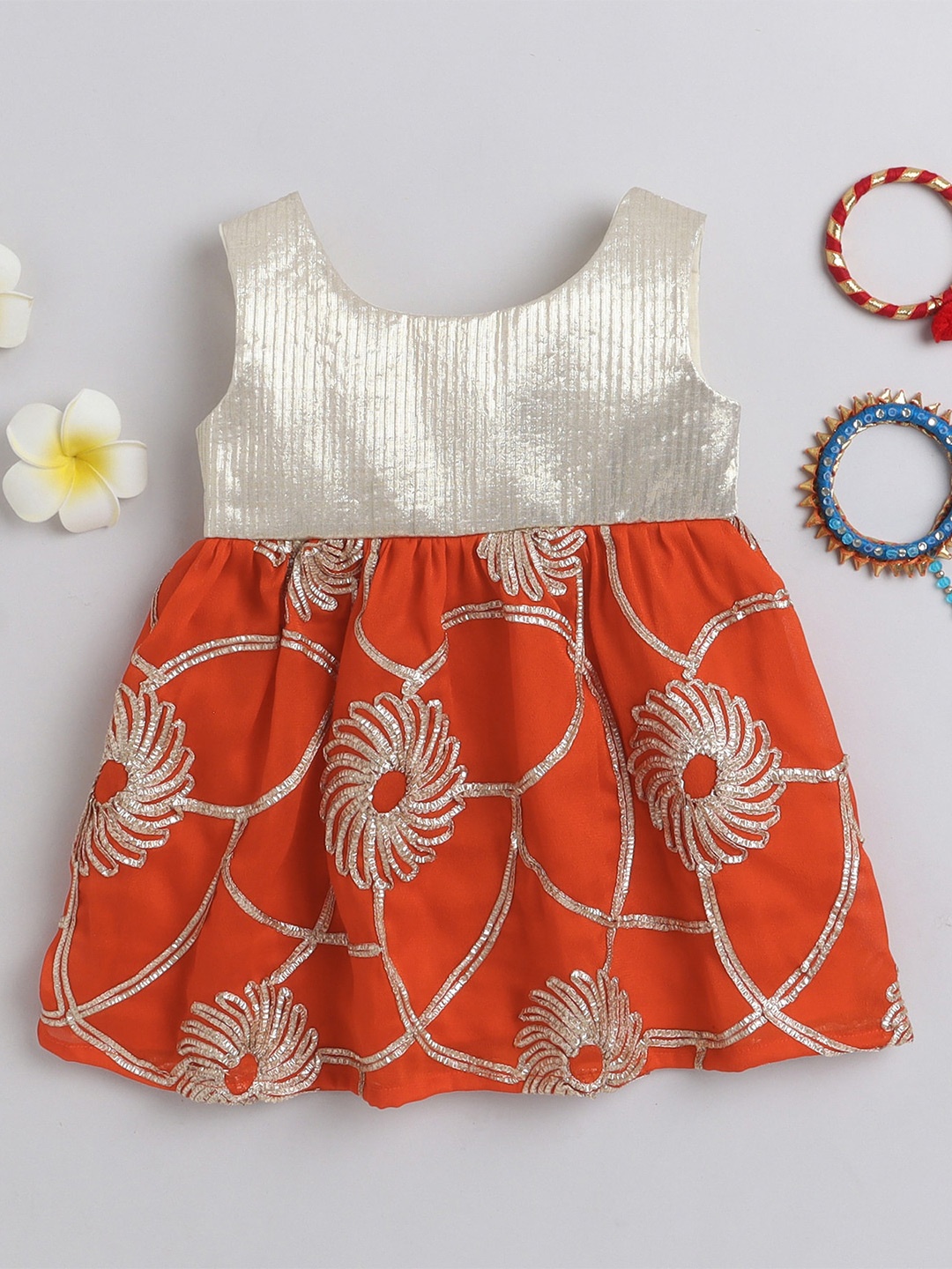 

MANY FROCKS & Girls Floral Embellished Satin Fit & Flare Dress, Orange