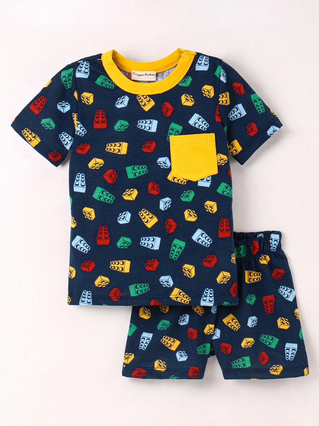 

CrayonFlakes Boys Printed Pure Cotton Top With Shorts, Navy blue