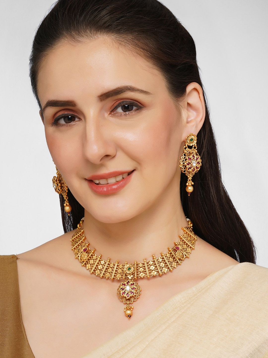 

AQUASTREET Gold-Plated Stone Studded & Beaded Jewellery Set