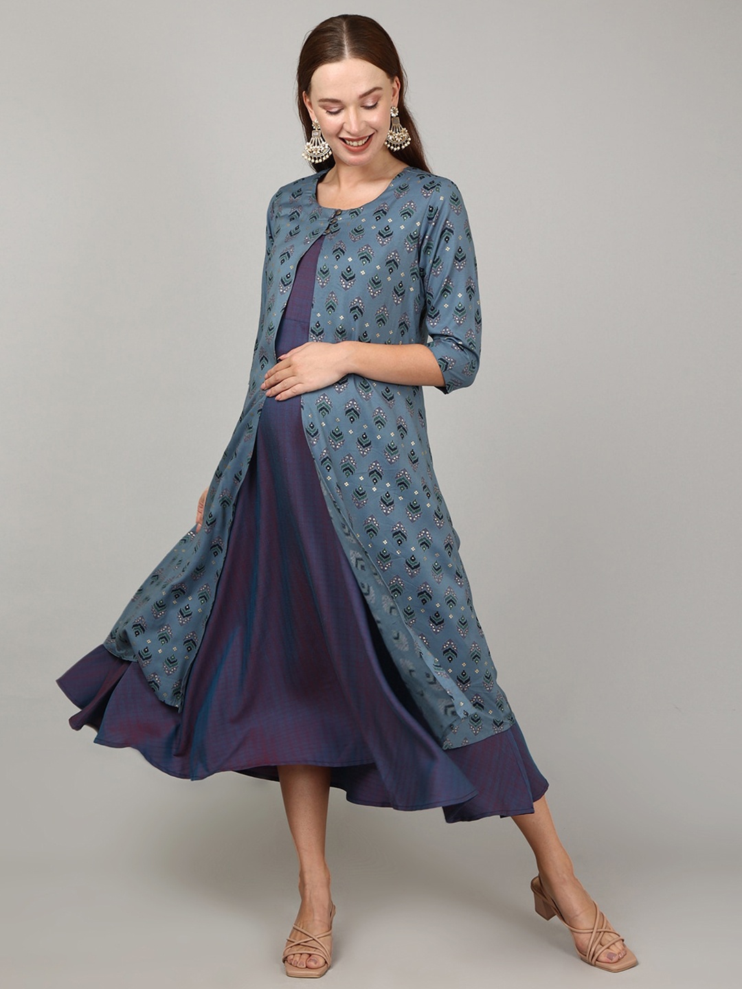 

The Mom Store Midnight Mantra Fit & Flare Maternity Dress With Printed Shrug, Purple