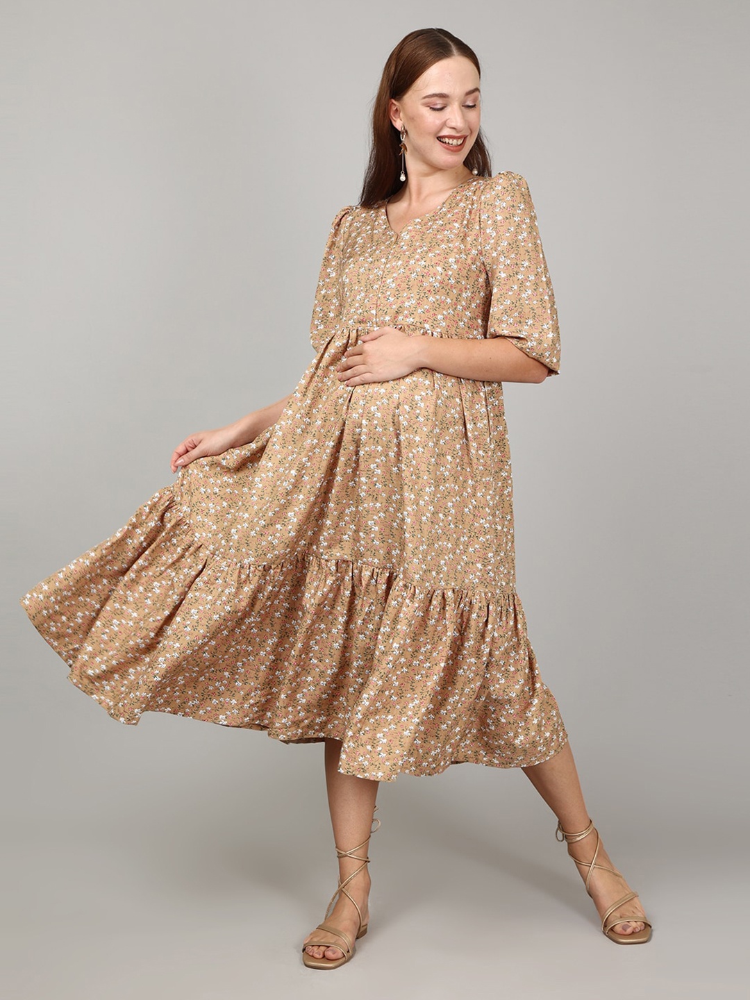 

The Mom Store Truth Or Bare Floral Printed Midi Fit & Flare Maternity Dress, Beige