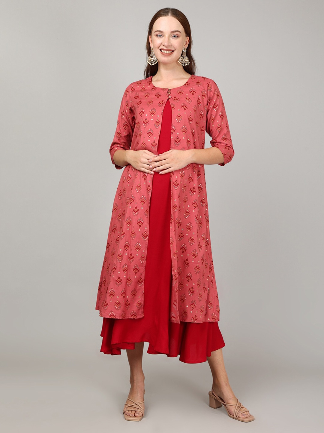 

The Mom Store Khilta Gulab Fit & Flare Maternity Dress With Printed Shrug, Red