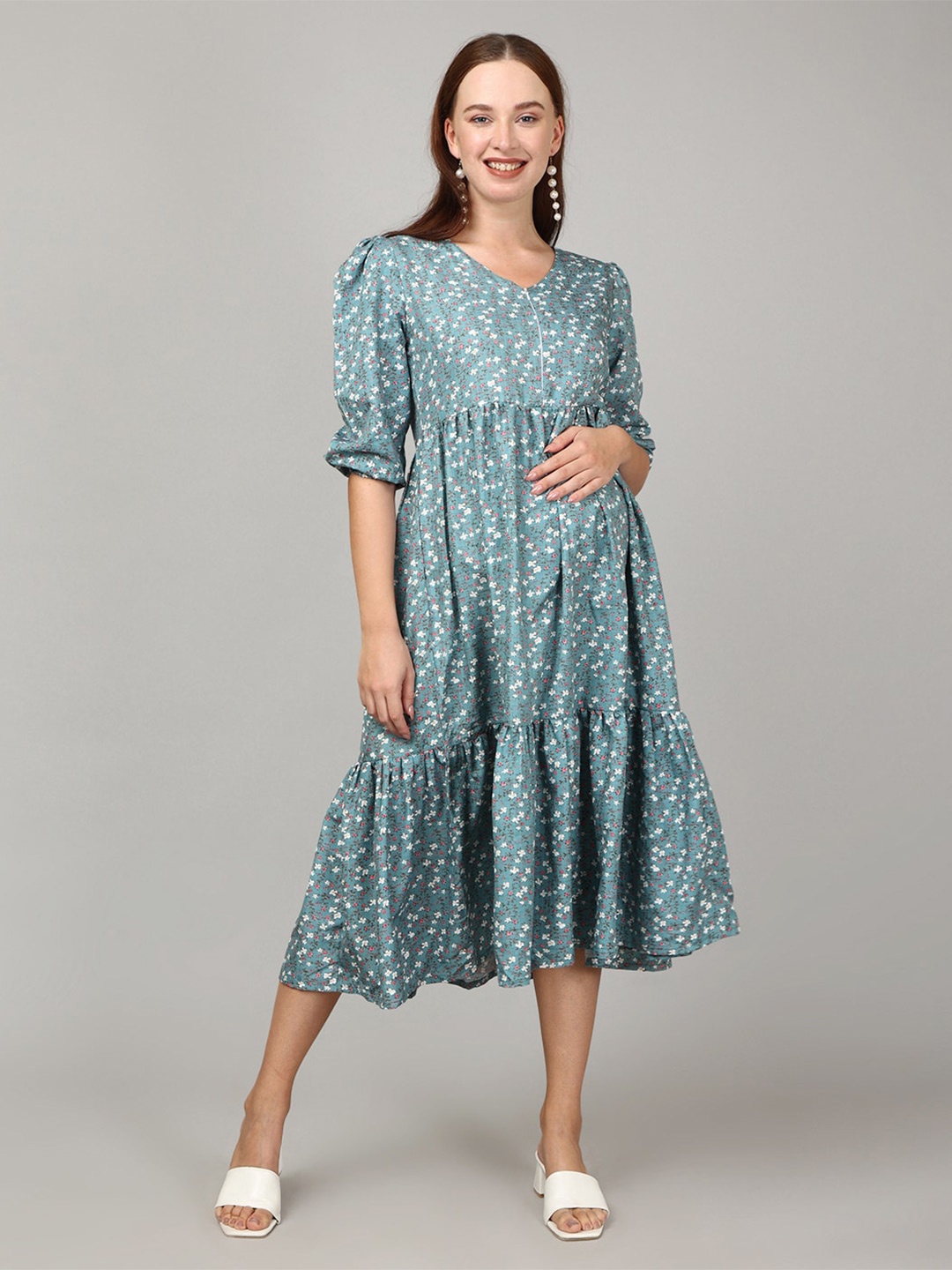 

The Mom Store Copa Cabana Floral Printed Tiered Fit & Flare Maternity Dress, Blue