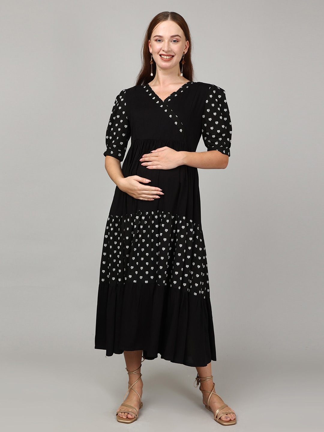 

The Mom Store Black Lotus Floral Printed Cotton Fit & Flare Maternity Dress