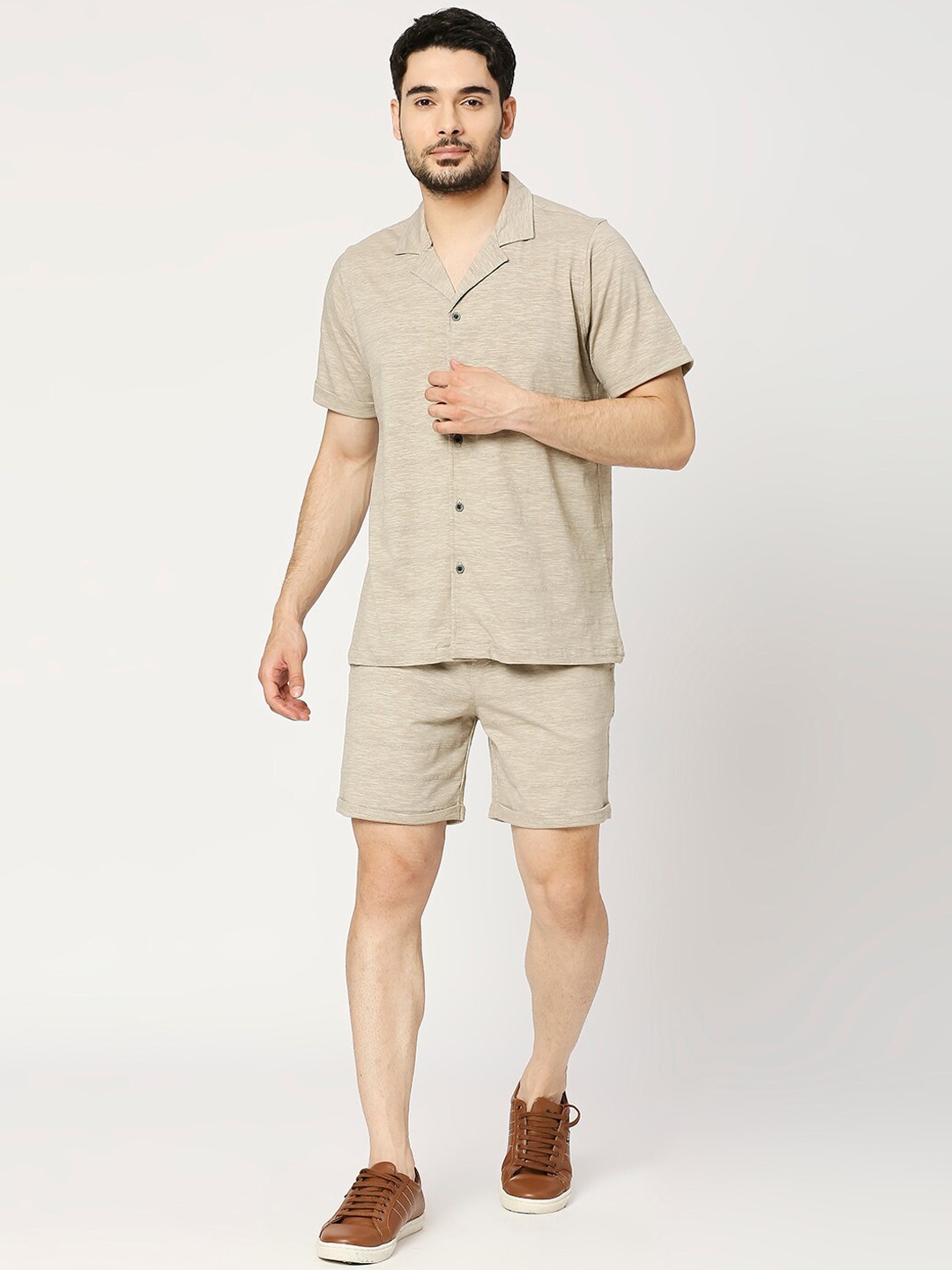 

Blamblack Self Design Shirt With Shorts Co-Ords, Beige