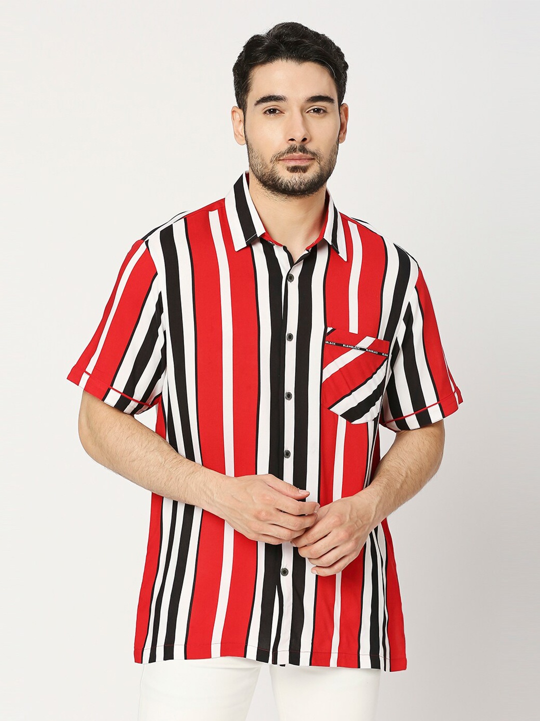 

Blamblack Spread Collar Comfort Fit Striped Casual Shirt, Red