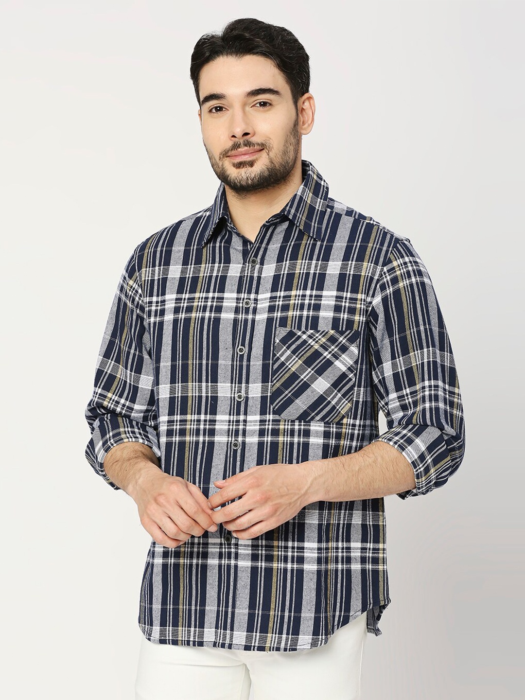 

Blamblack Spread Collar Comfort Fit Tartan Checked Casual Shirt, Navy blue