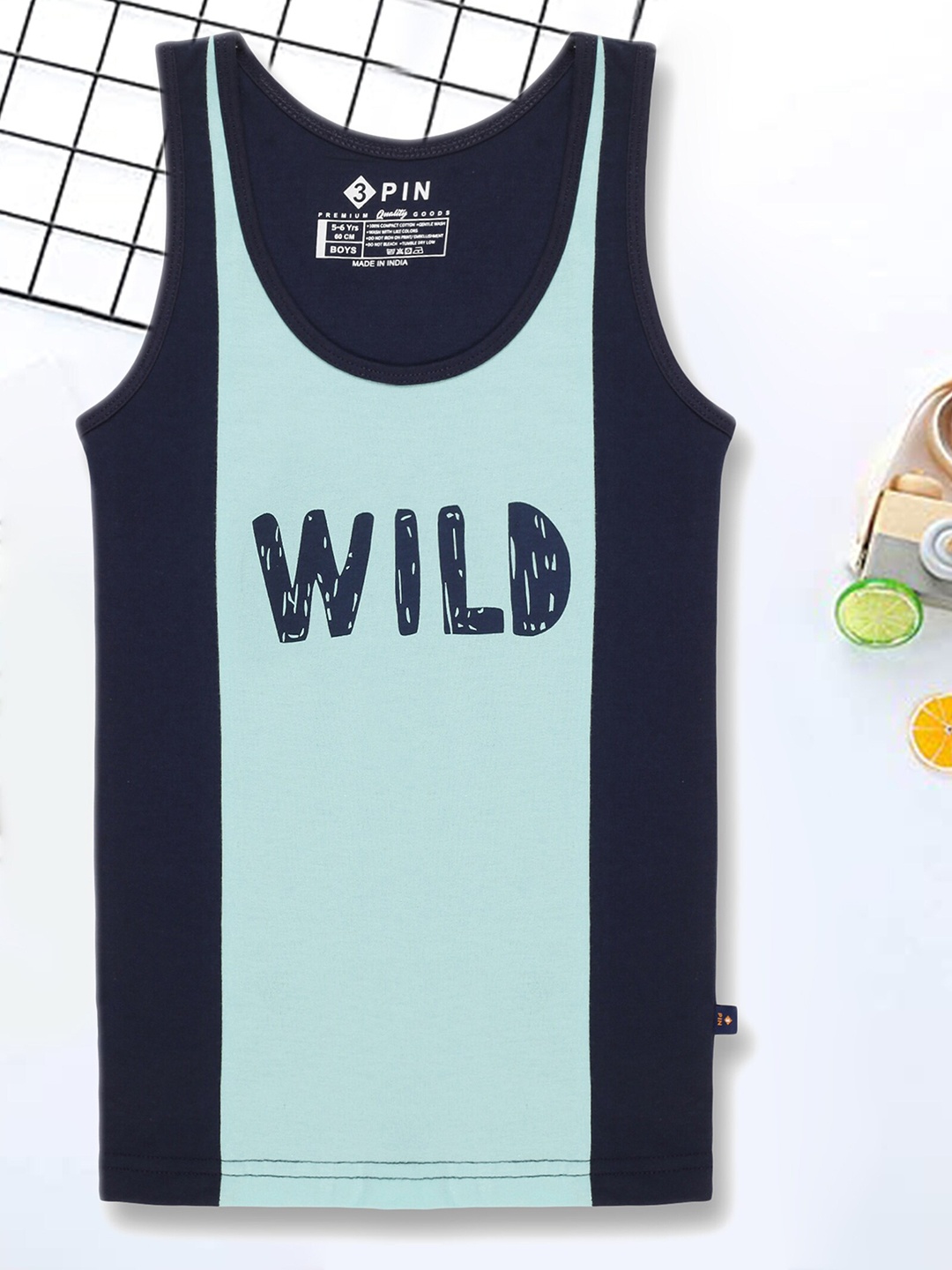 

3PIN Boys Printed Cotton Basic Vest, Navy blue