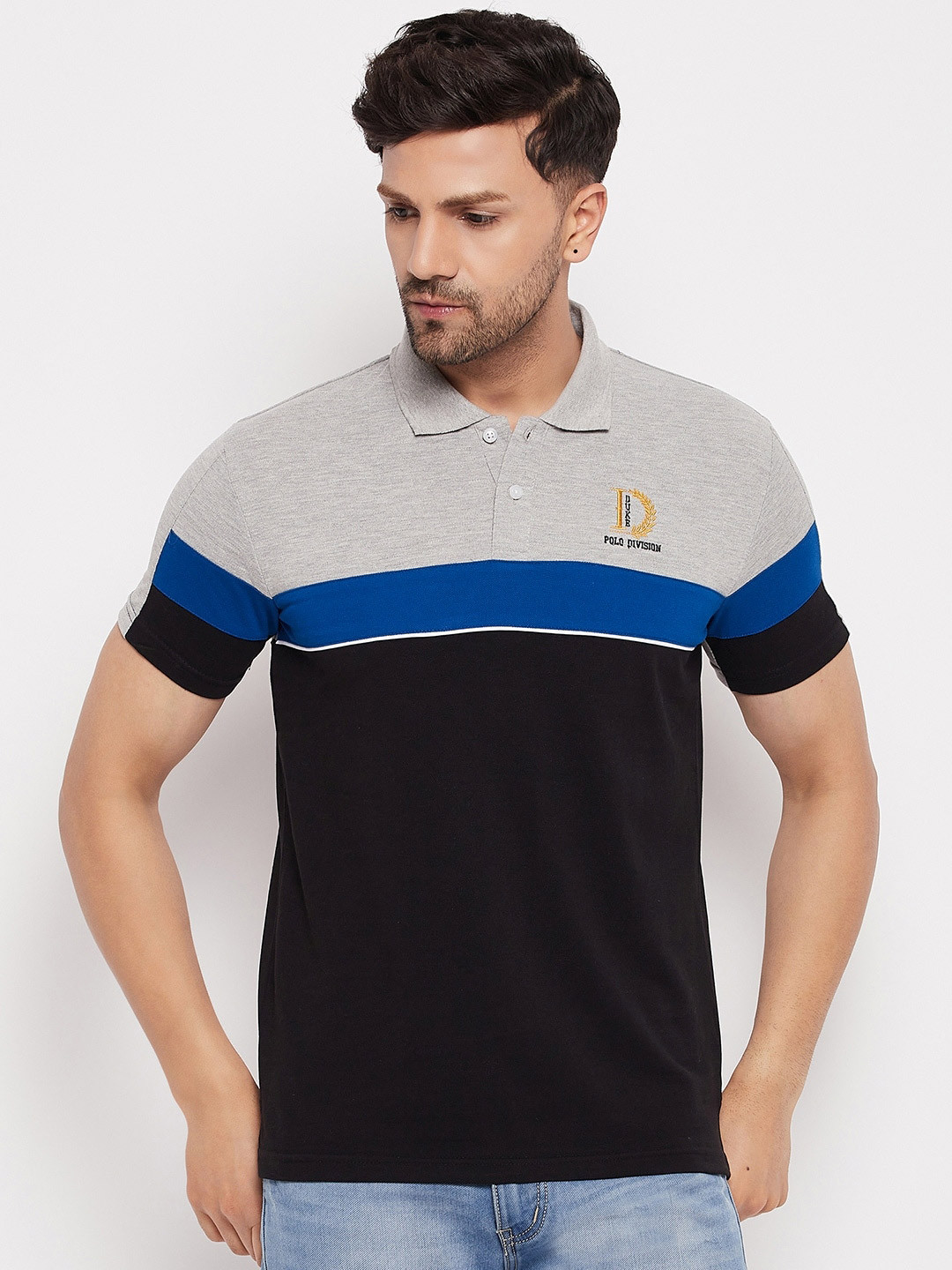 

Duke Colourblocked Polo Collar Cotton Slim Fit T-shirt, Grey melange