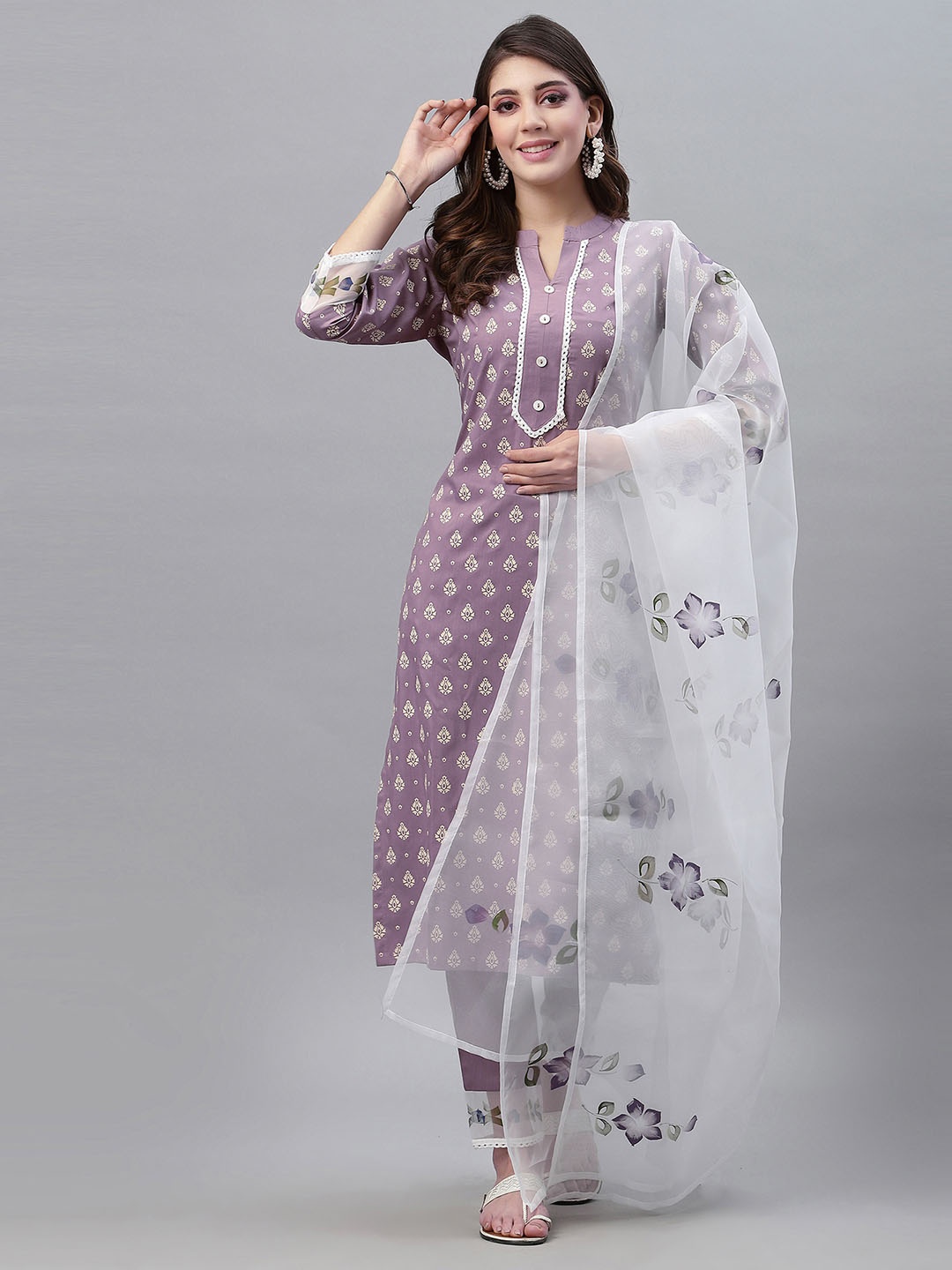 

KALINI Ethnic Motifs Printed Silk Blend Kurta with Trousers & Dupatta, Lavender