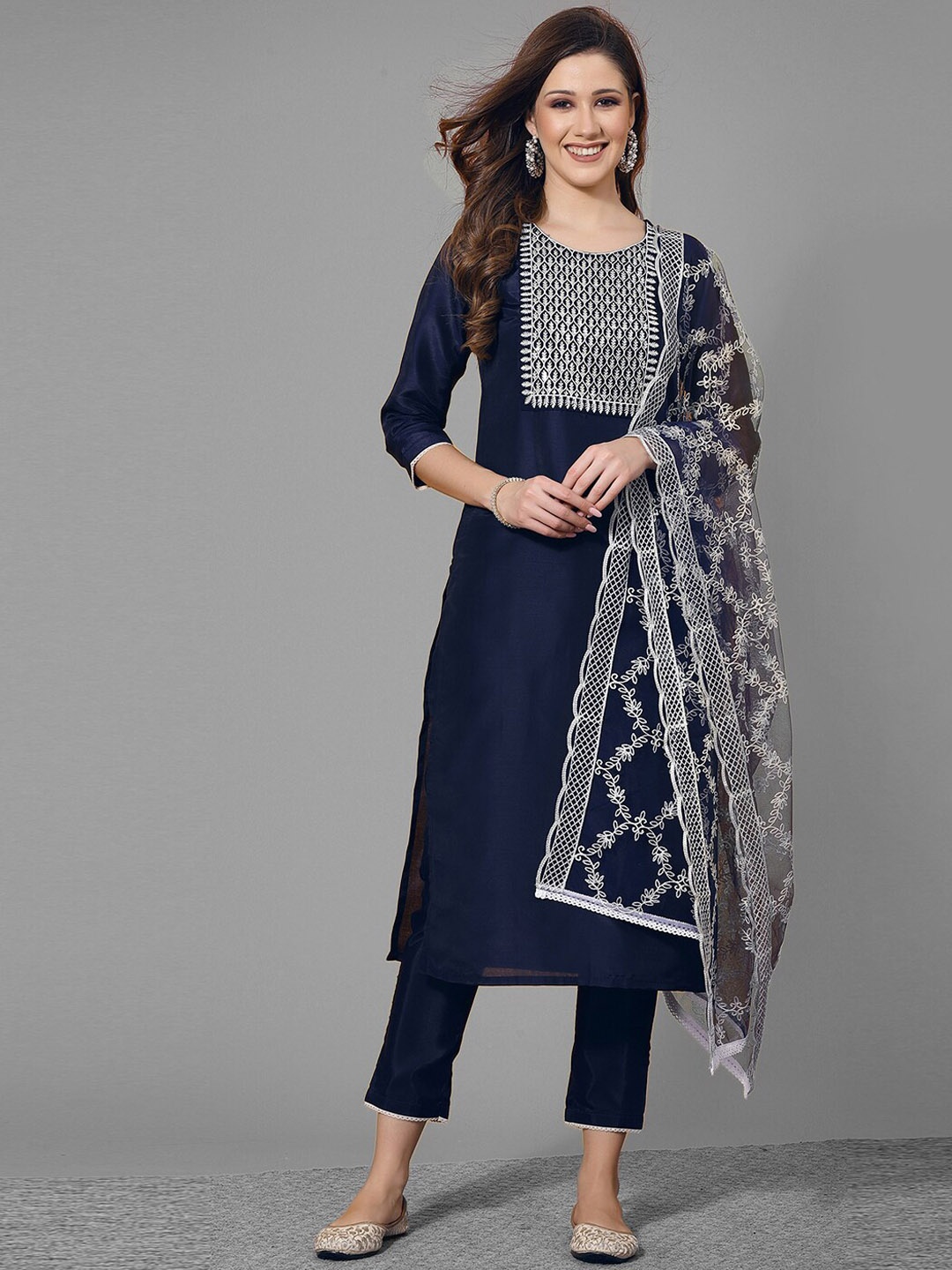 

SKYLEE Women Ethnic Motifs Embroidered Sequinned Kurta with Trousers & Dupatta, Navy blue