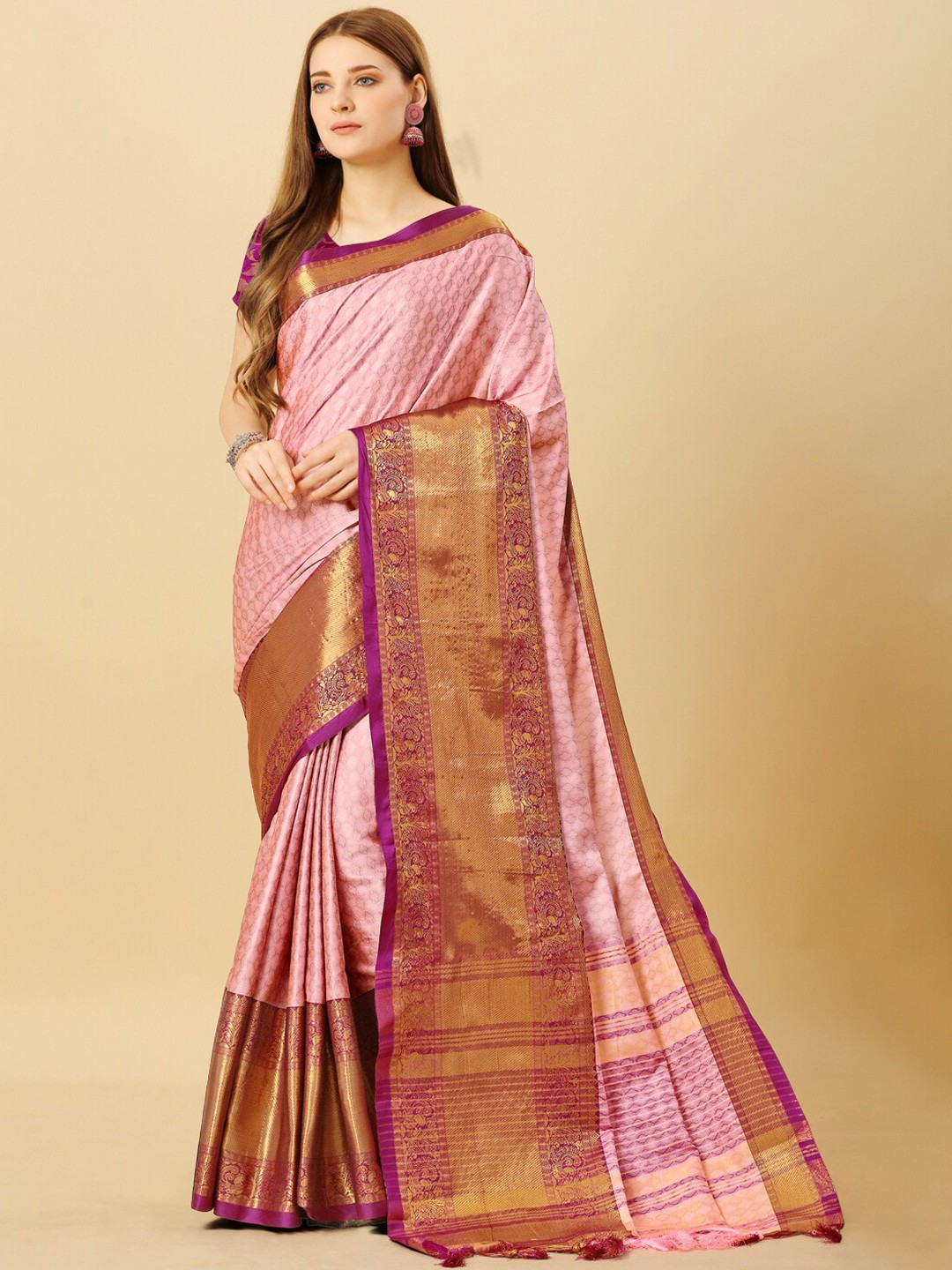 

KALINI Ethnic Motif Woven Design Zari Silk Cotton Saree, Pink