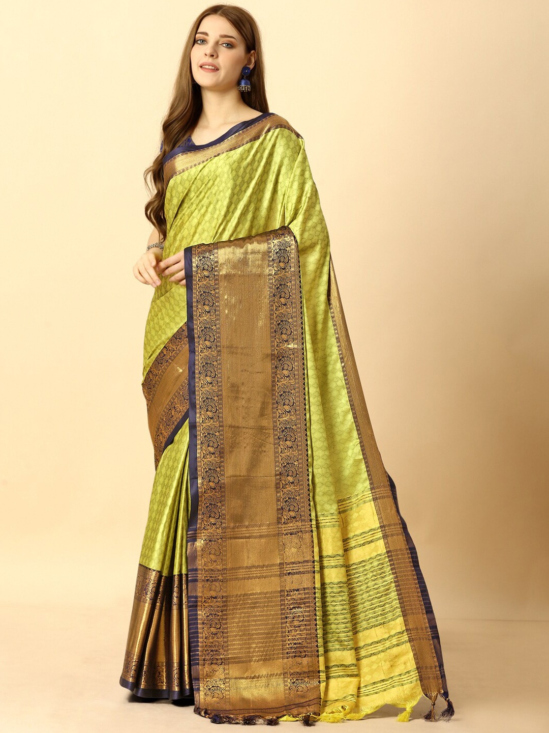 

KALINI Ethnic Motif Woven Design Zari Silk Cotton Saree, Lime green