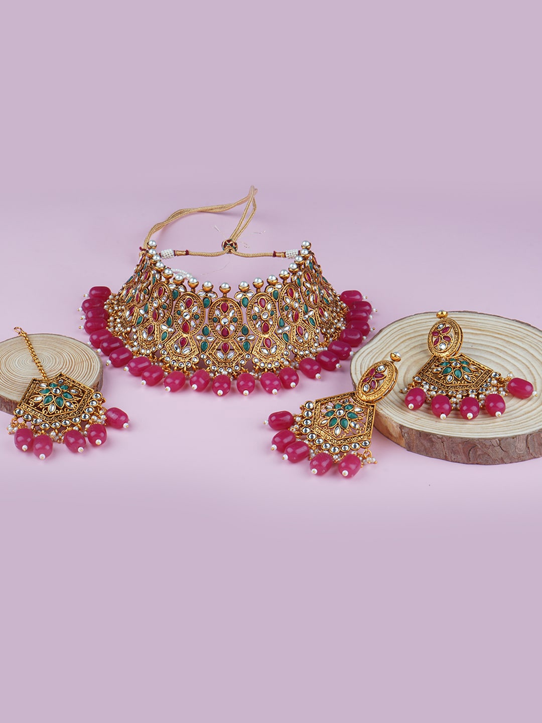 

Matushri Art Gold-Plated Kundan-Studded Necklace & Earrings With Maang Tika Jewellery Set