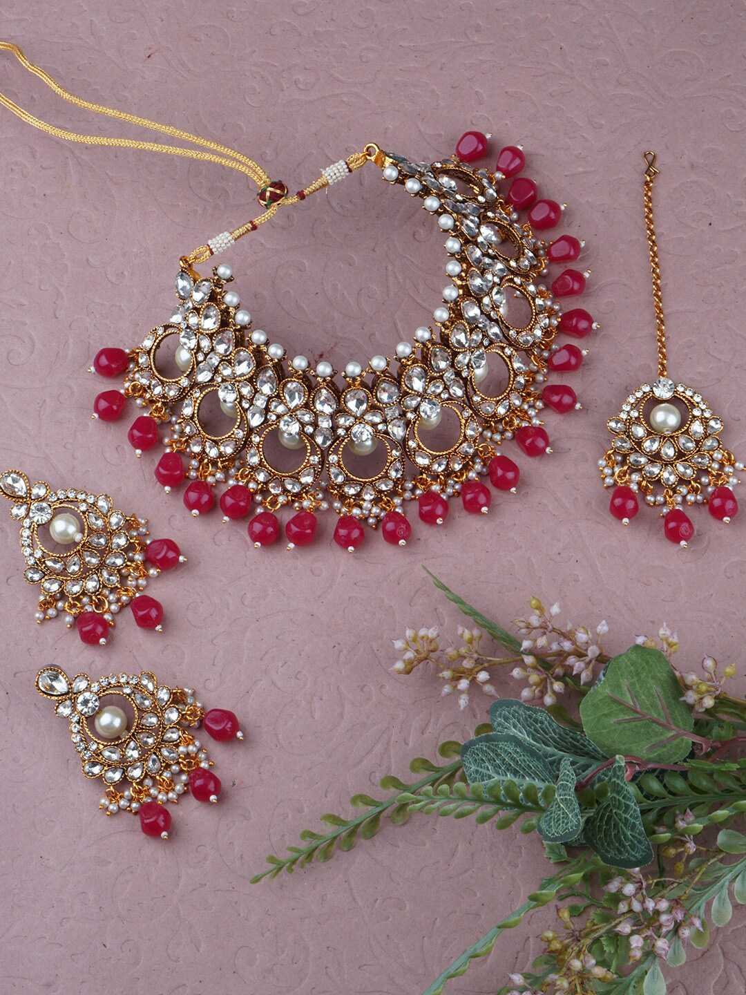 

Matushri Art Gold-Plated Kundan-Studded Necklace & Earrings With Maang Tika Jewellery Set