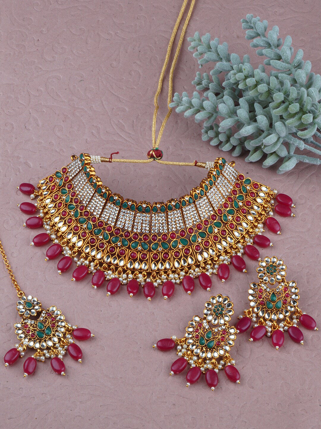 

Matushri Art Gold-Plated Stone Studded & Beaded Jewellery Set
