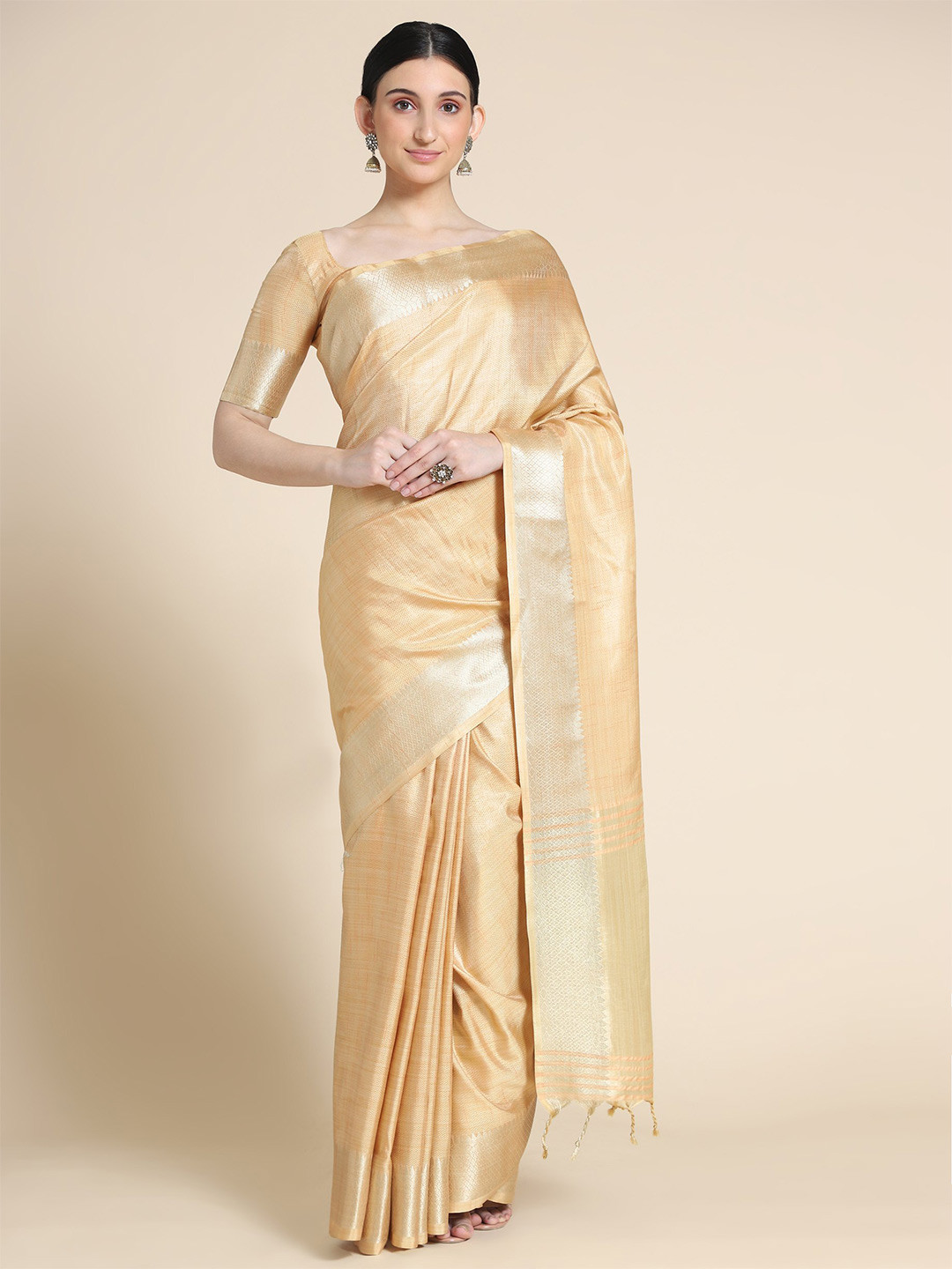 

VISHNU WEAVES Solid Zari Pure Linen Saree, Peach